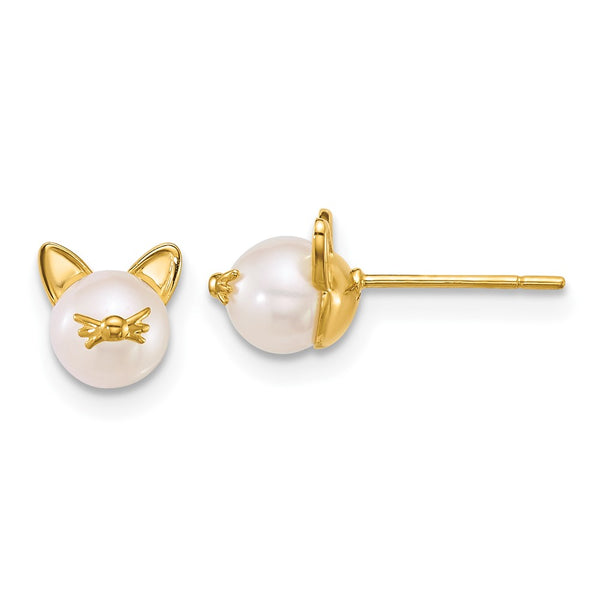 14K Gold Polished Freshwater Cultured Pearl Cat Stud Earrings