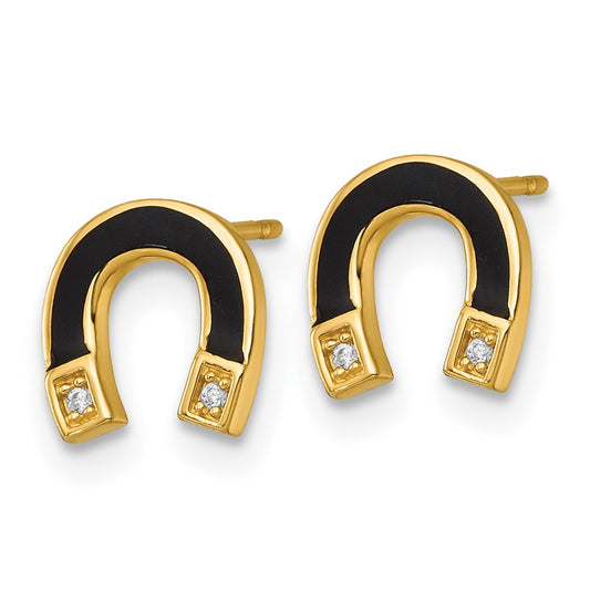 High-Quality 14K Gold Polished Black Enamel Horseshoe Earrings - Stylish CZ Accents
