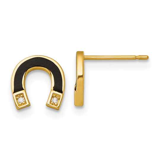 High-Quality 14K Gold Polished Black Enamel Horseshoe Earrings - Stylish CZ Accents