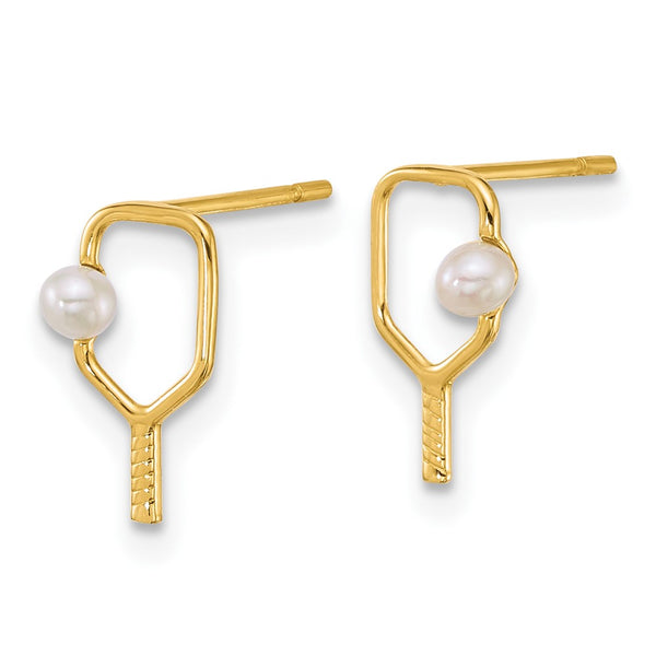 14K Gold Polished Pearl Ball & Pickleball Paddle Earrings