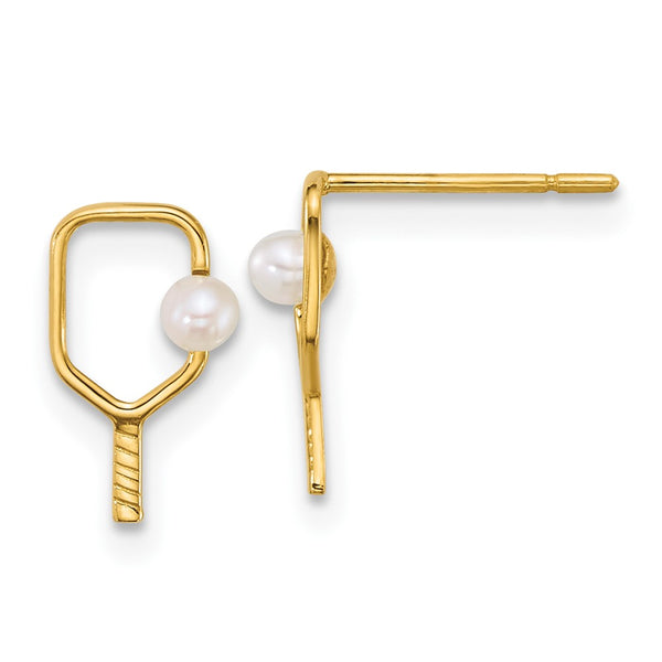 14K Gold Polished Pearl Ball & Pickleball Paddle Earrings