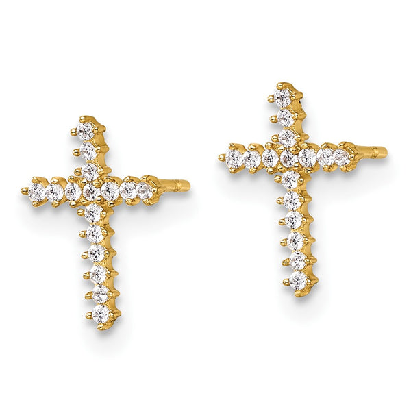 14K Gold Polished CZ Latin Cross Stud Earrings