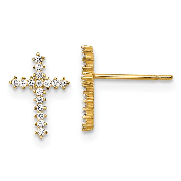 14K Gold Polished CZ Latin Cross Stud Earrings