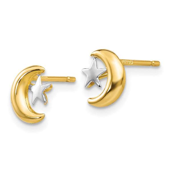 14K Gold Polished Rhodium-Plated Moon & Star Stud Earrings