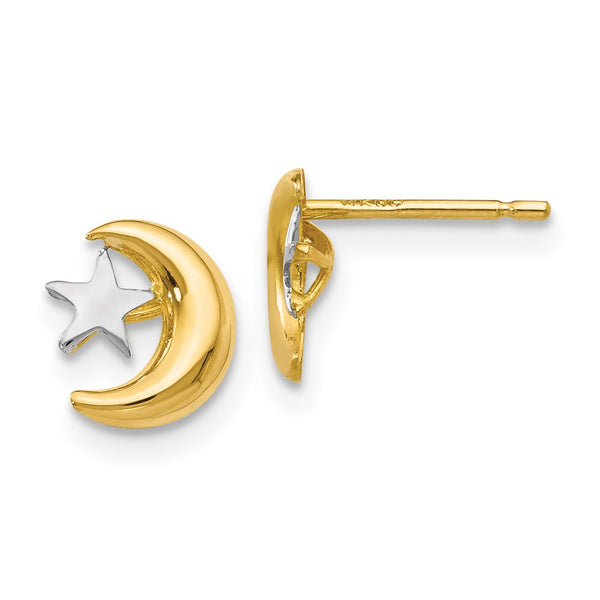 14K Gold Polished Rhodium-Plated Moon & Star Stud Earrings