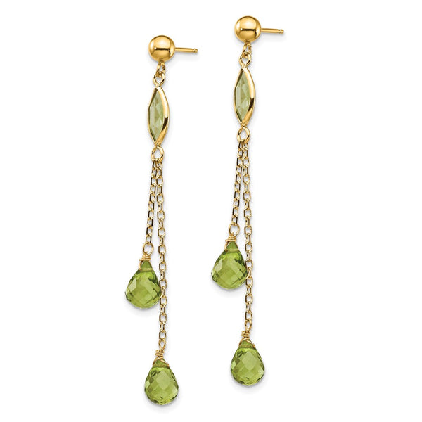 14K Gold Peridot Drop Earrings - 1.5" Long
