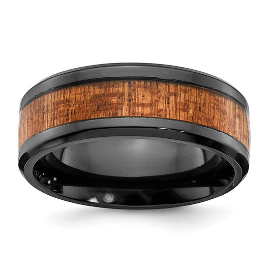 Buy Exclusive 8mm Polished Black Zirconium Chisel Band with Sapele Wood Inlay
