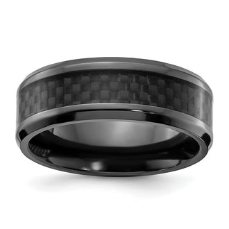 Exclusive 8mm Polished Black Zirconium Chisel Band with Carbon Fiber Inlay