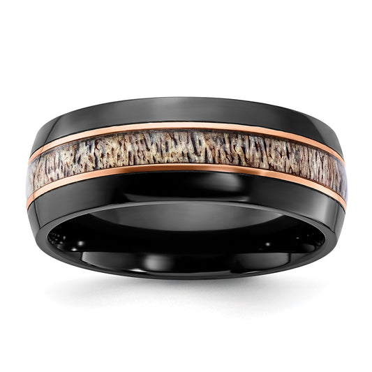 Buy Stylish 8mm Black Zirconium Chisel Band with Antler Inlay & Rose IP-Plating