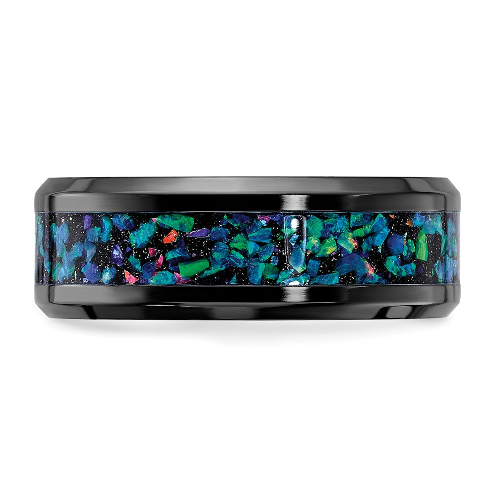 High-Quality 8mm Polished Black Zirconium Chisel Band with Imitation Opal Inlay