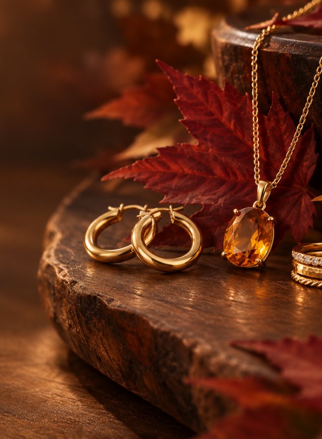 14k gold necklace with citrine pendant, gold hoop earrings and stacked gold rings on walnut with autumn maple leaves